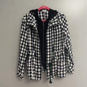 Pulse Hooded Jacket Black White Checked Snap Zipper Drawstring Pockets S Women